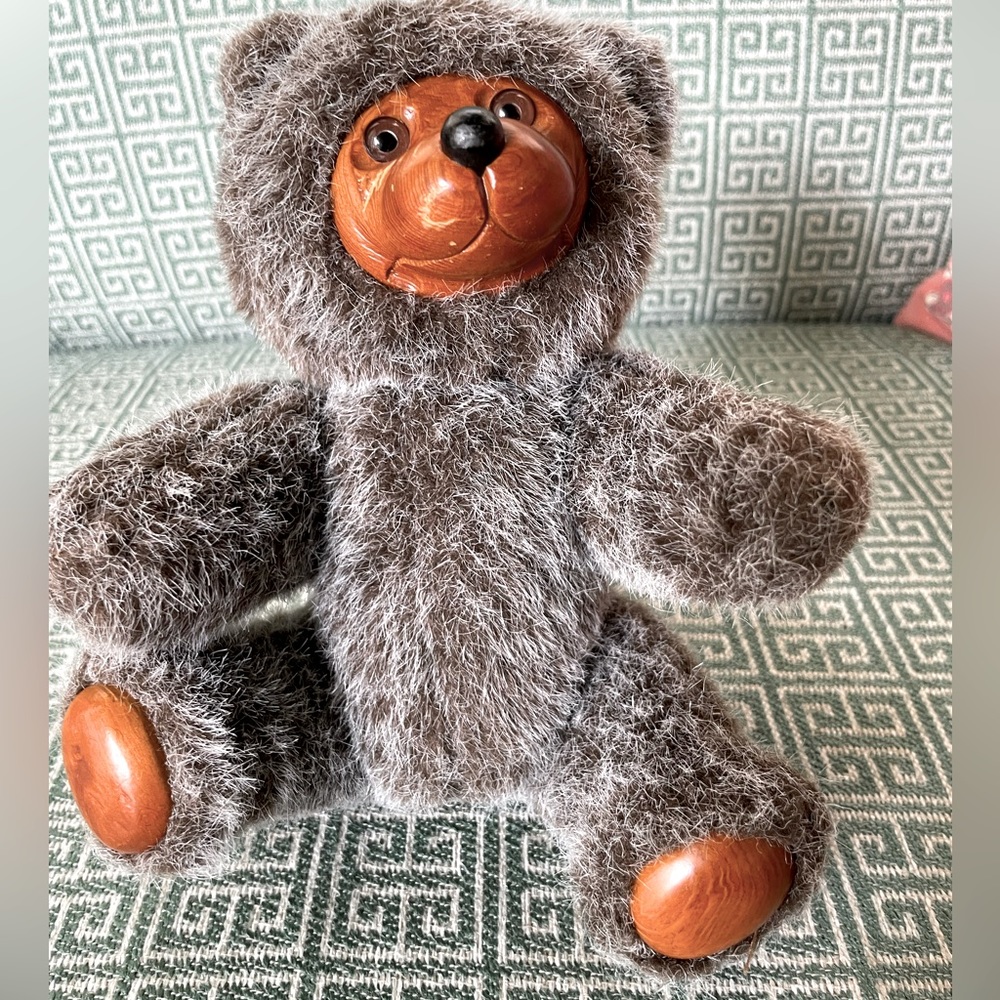 Vintage Applause Raikes Jamie Bear Carved Wooden Face 5453 Gray Jointed 1985 8"